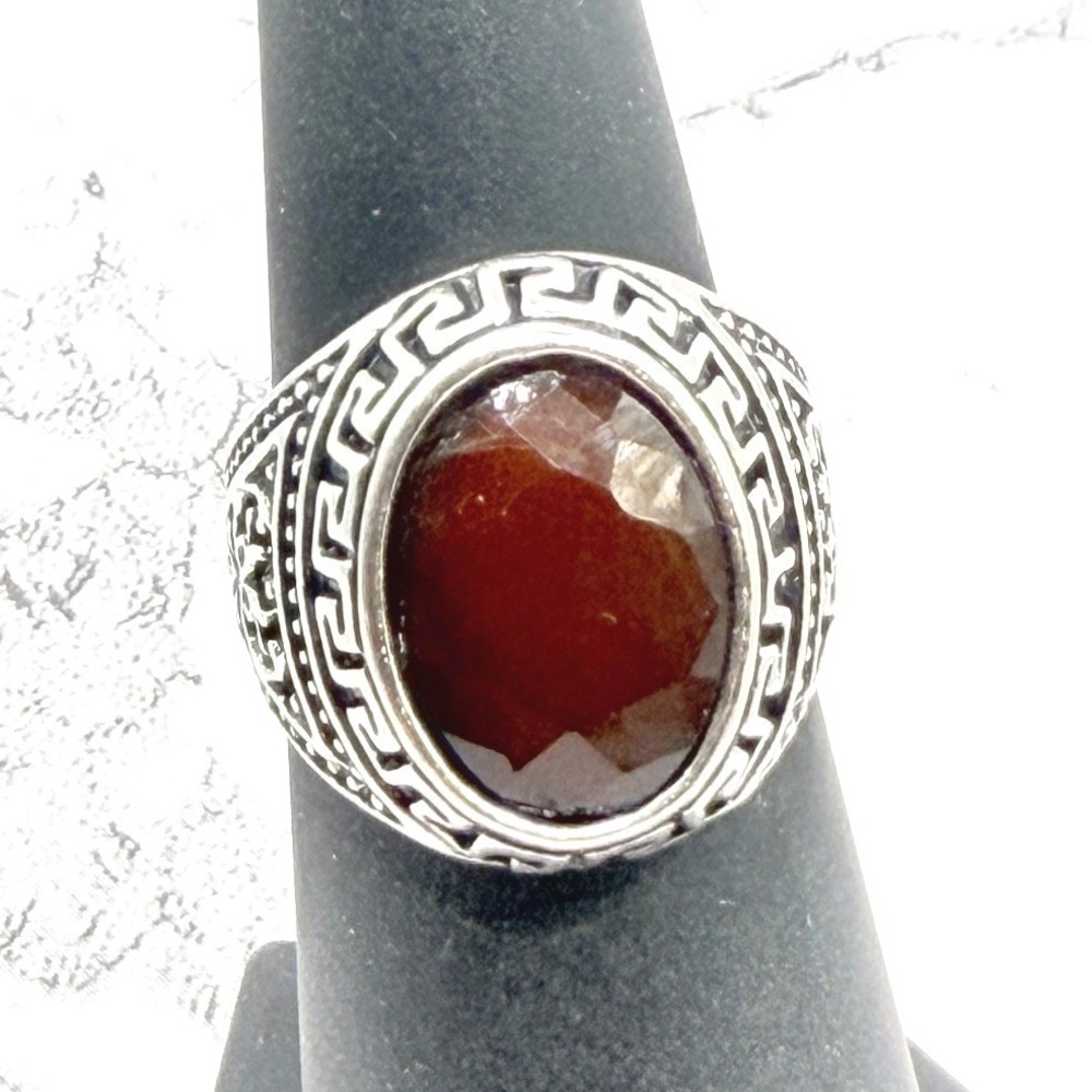 New Ornate Reddish Brown Faceted Stone Silver Tone Ring Size 6 Watch VIDEO
